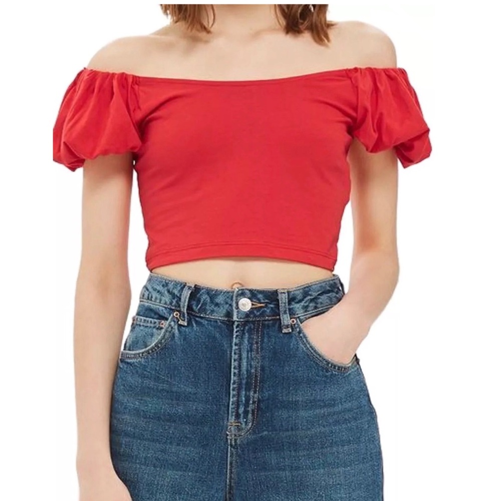 TOPSHOP Bubble Sleeve Off-the-Shoulder Crop Top Red